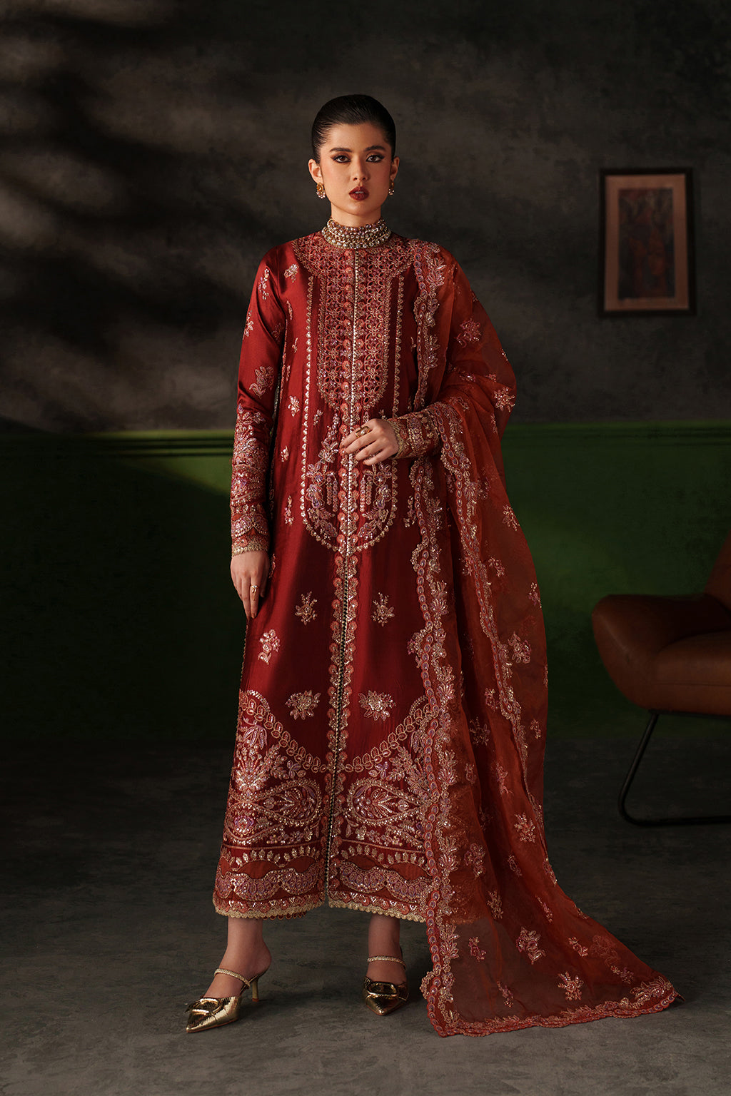 Emaan Adeel Noemie S0519 embroidered raw silk suit in rust red — front view