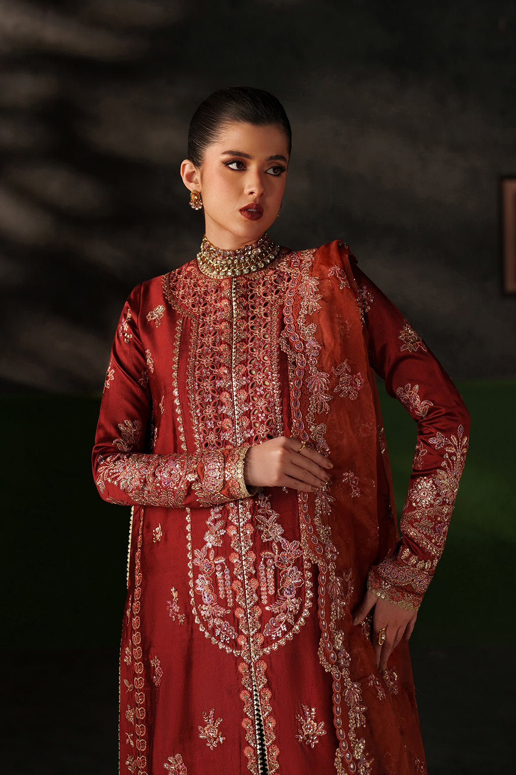 Emaan Adeel Noemie S0519 embroidered raw silk suit in rust red — upper-body view