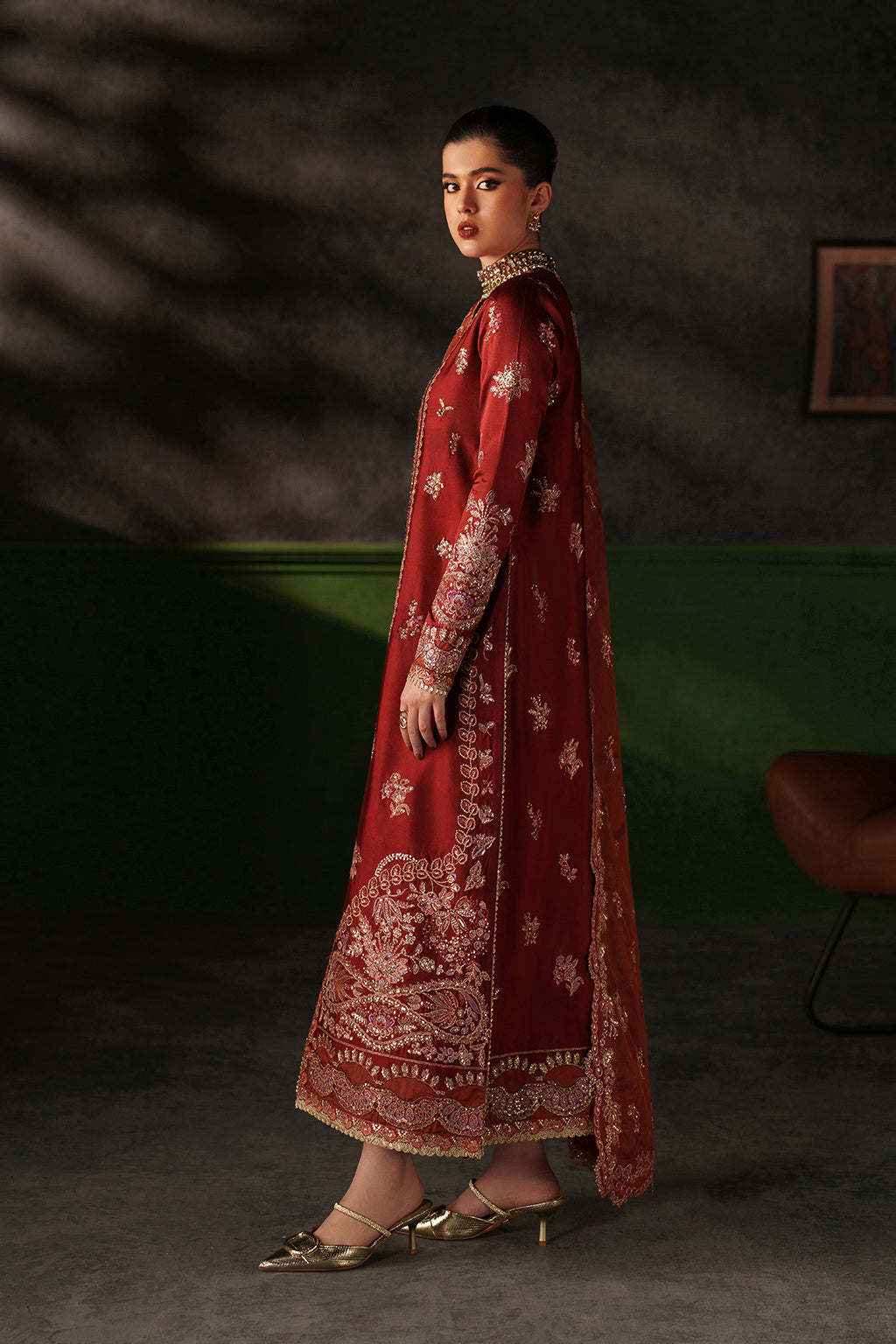Emaan Adeel Noemie S0519 embroidered raw silk suit in rust red — front view