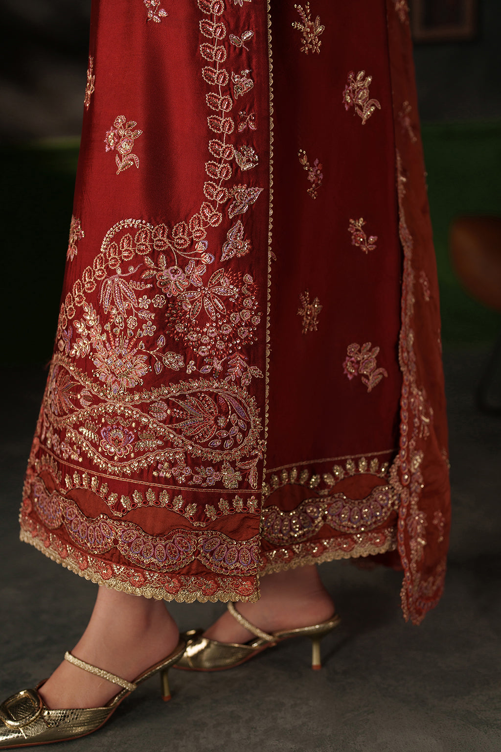 Emaan Adeel Noemie S0519 embroidered raw silk suit in rust red — hem detail