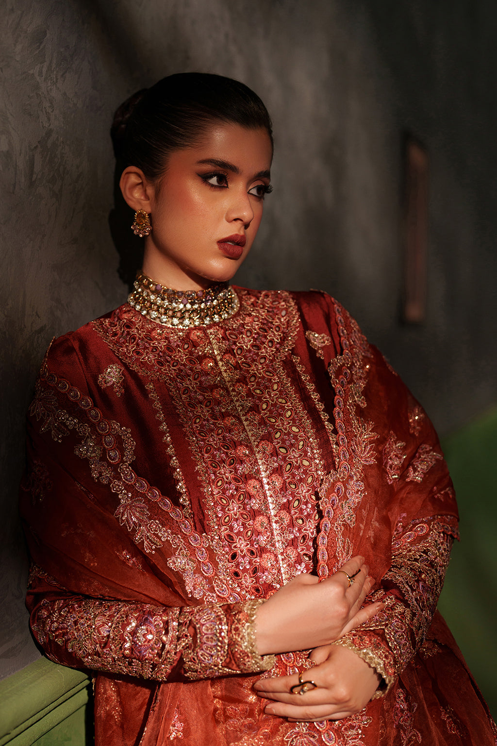 Emaan Adeel Noemie S0519 embroidered raw silk suit in rust red — upper-body view