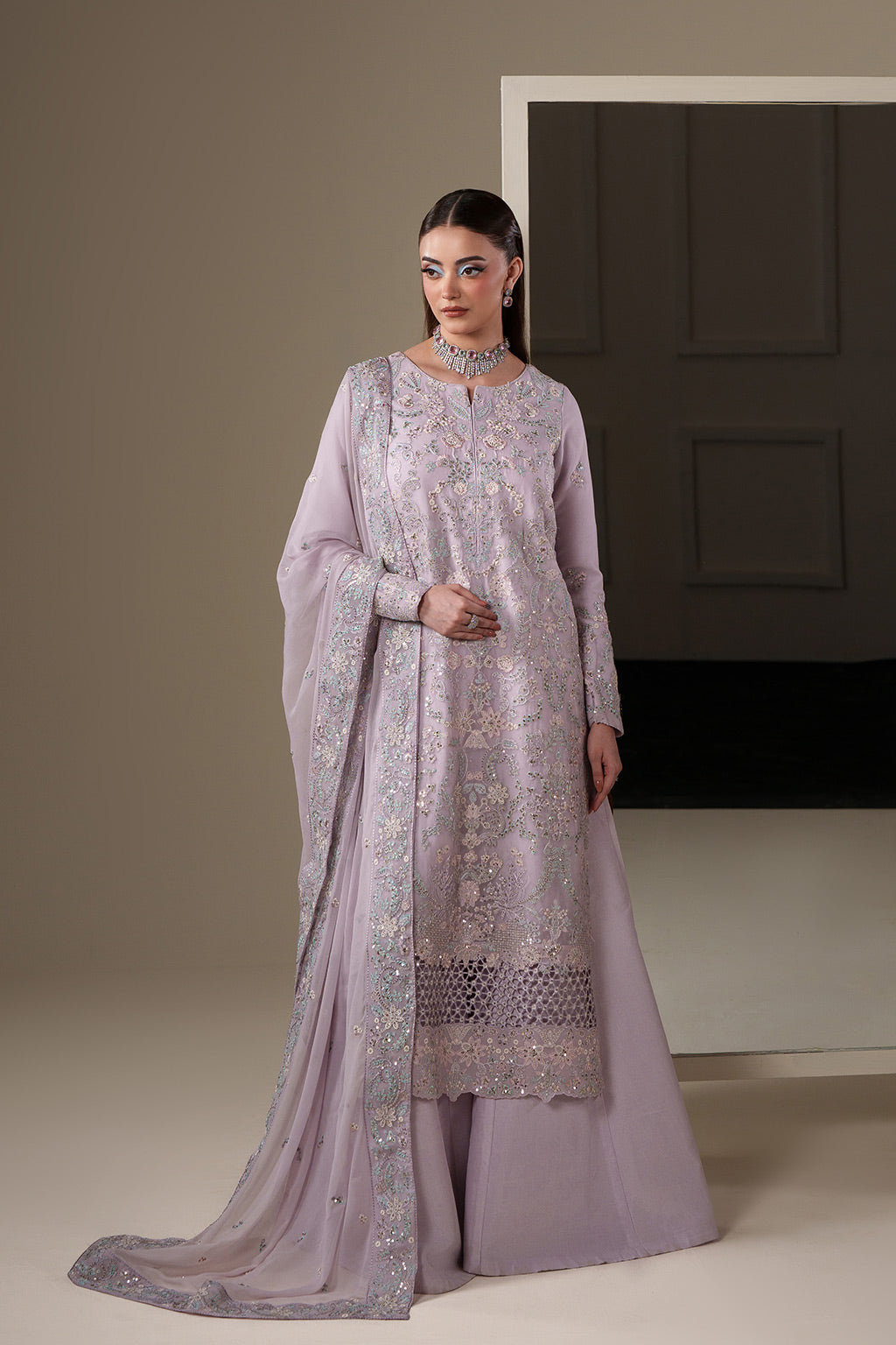 Emaan Adeel MIRA S0446 chiffon outfit in lilac — front view