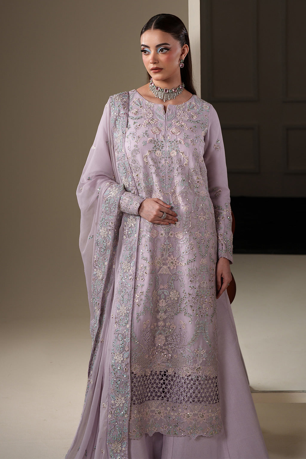 Emaan Adeel MIRA S0446 chiffon outfit in lilac — upper-body view