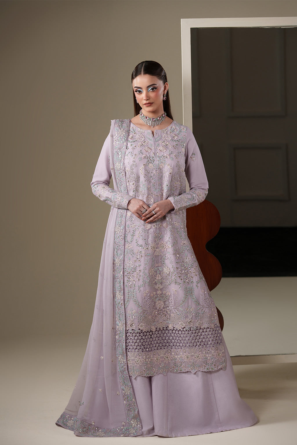 Emaan Adeel MIRA S0446 chiffon outfit in lilac — front view