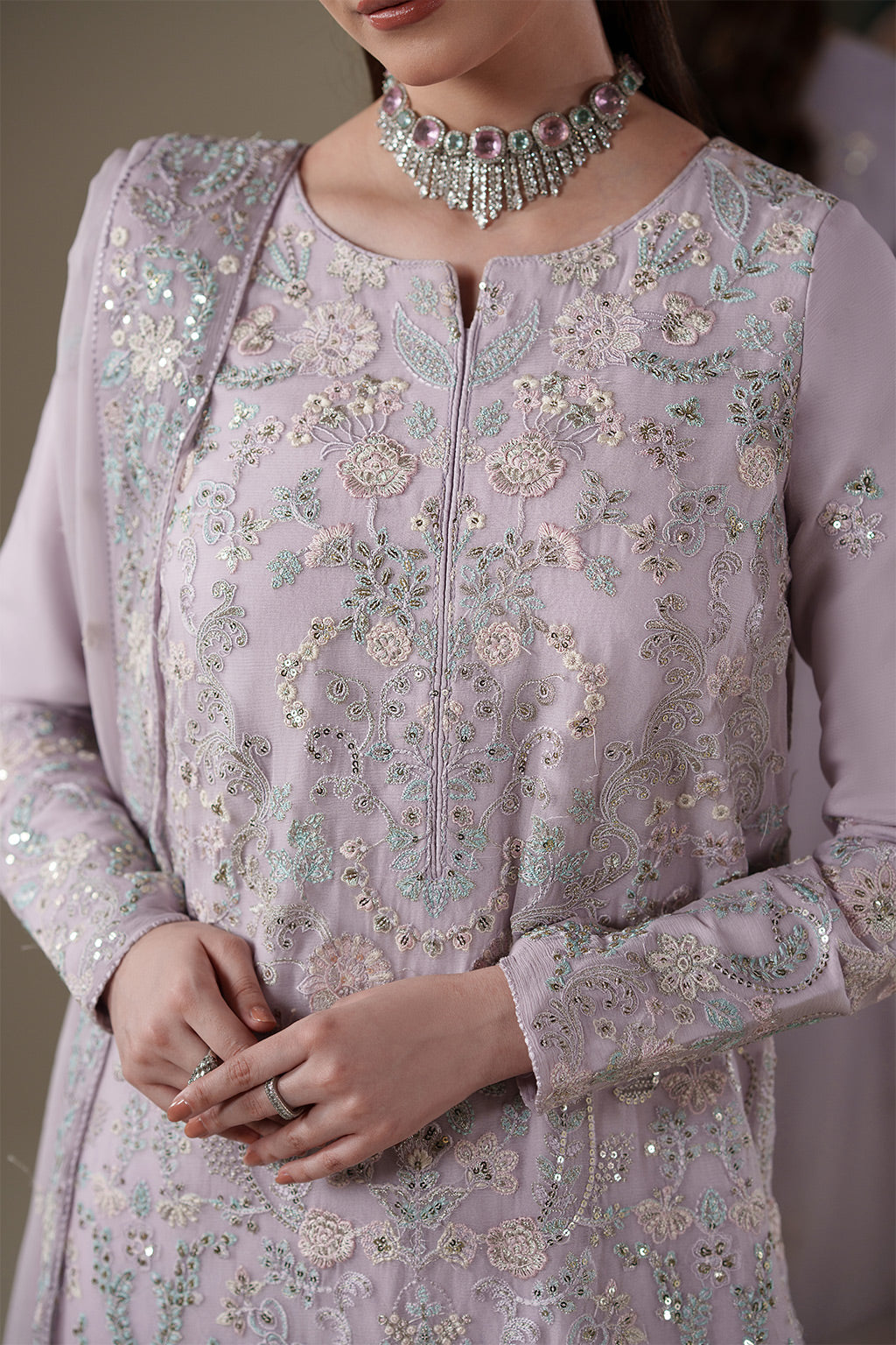 Emaan Adeel MIRA S0446 chiffon outfit in lilac — embroidery close-up