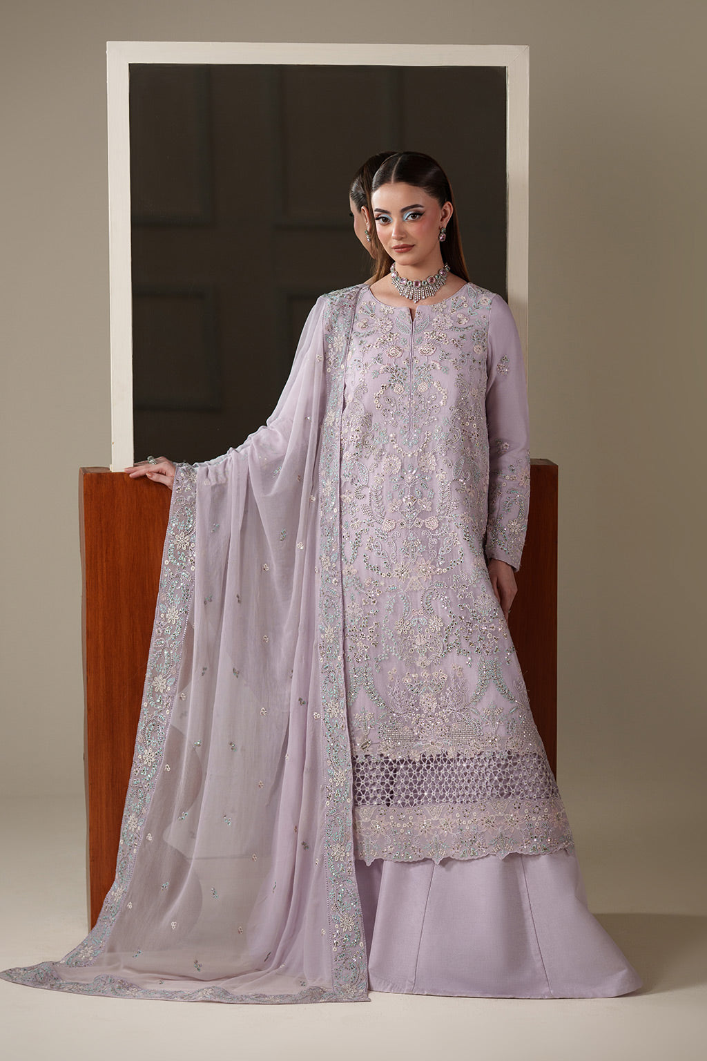 Emaan Adeel MIRA S0446 chiffon outfit in lilac — front view