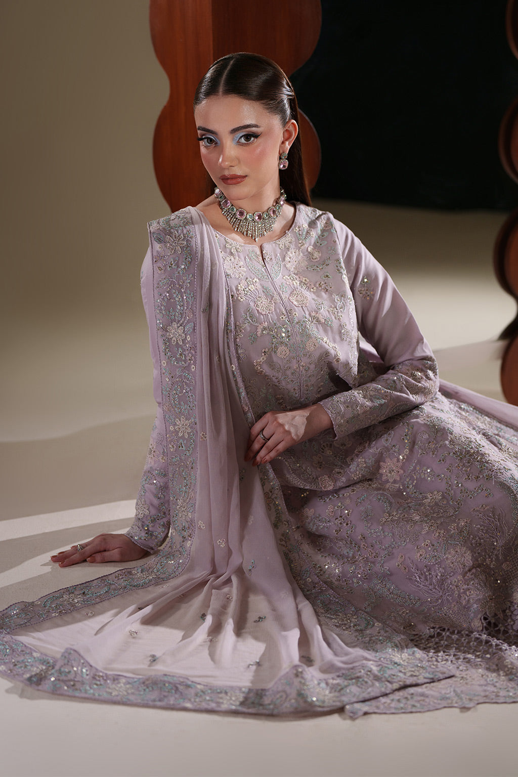 Emaan Adeel MIRA S0446 chiffon outfit in lilac — seated view