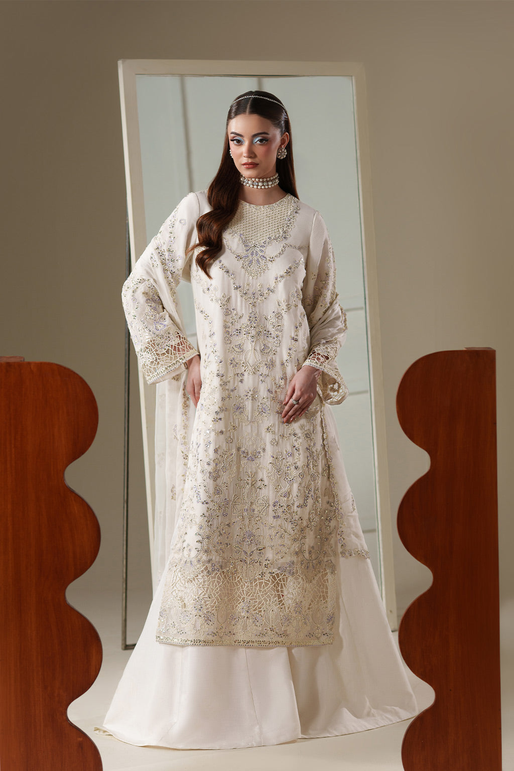 Emaan Adeel ELOSIE S0450 chiffon outfit in ivory — front view