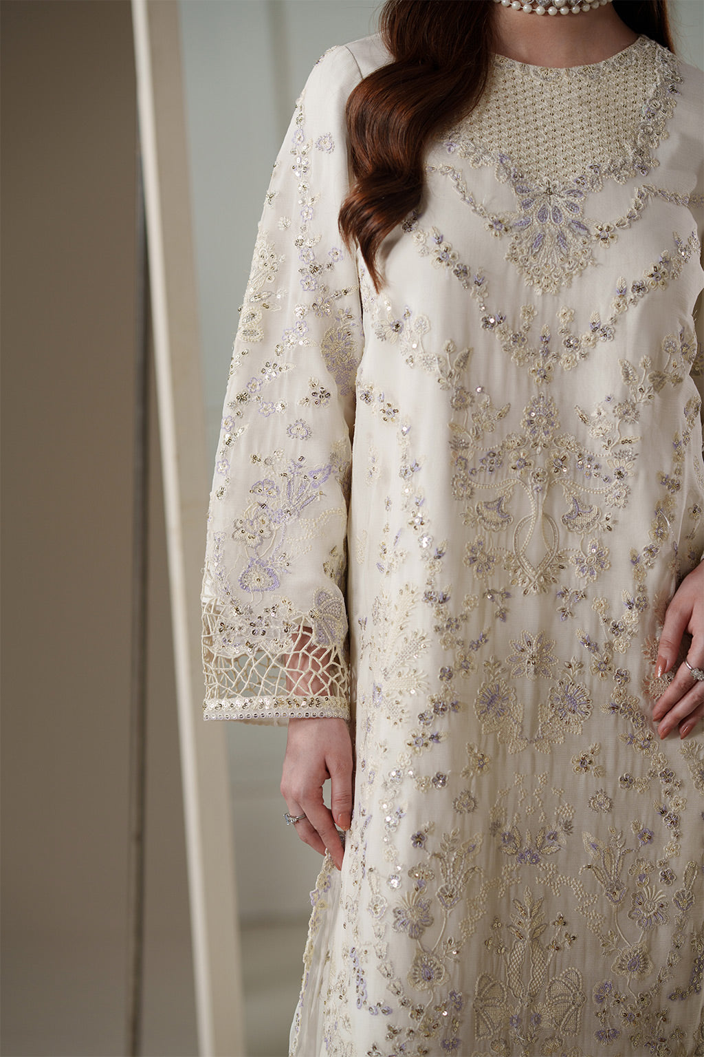 Emaan Adeel ELOSIE S0450 chiffon outfit in ivory — embroidery close-up