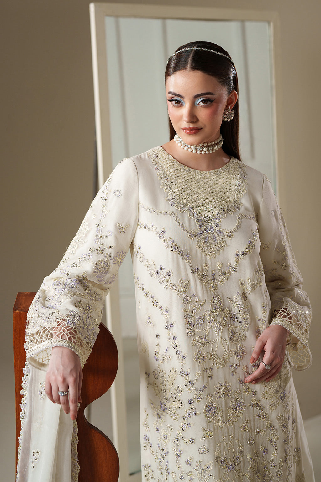 Emaan Adeel ELOSIE S0450 chiffon outfit in ivory — upper-body view