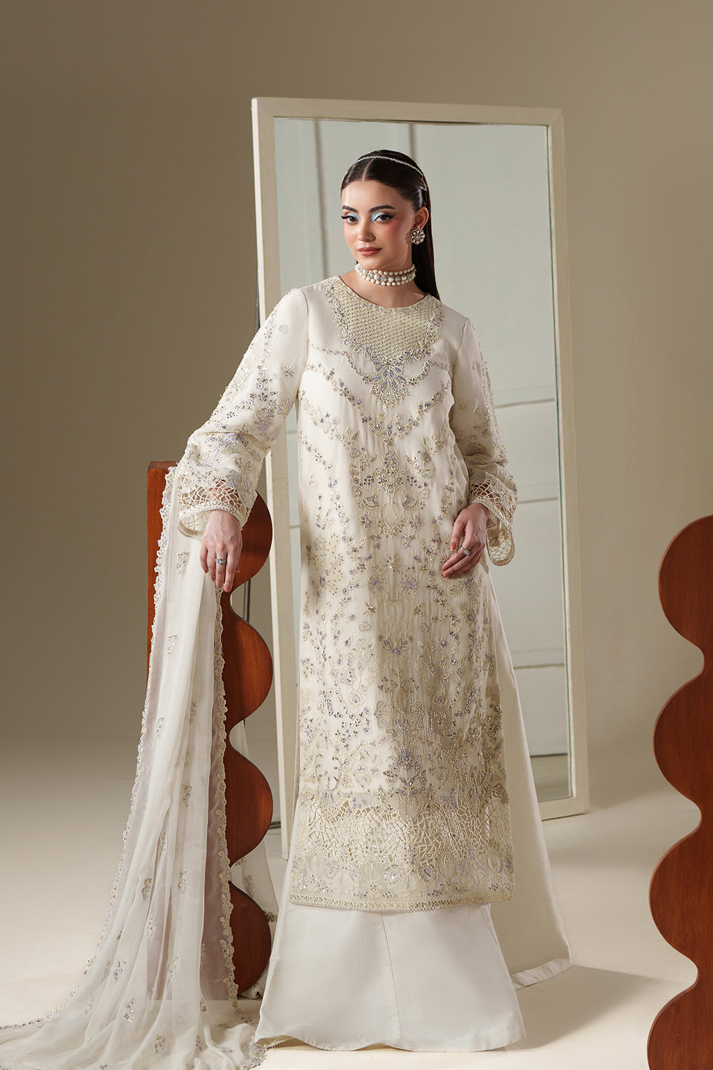 Emaan Adeel ELOSIE S0450 chiffon outfit in ivory — front view