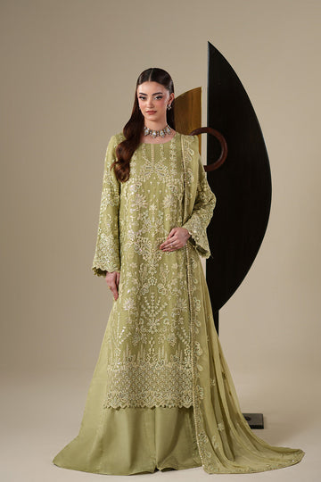 Emaan Adeel NOLA S0443 chiffon outfit in light olive green — front view