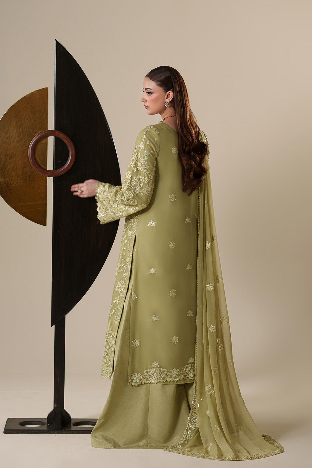 Emaan Adeel NOLA S0443 chiffon outfit in light olive green — back view