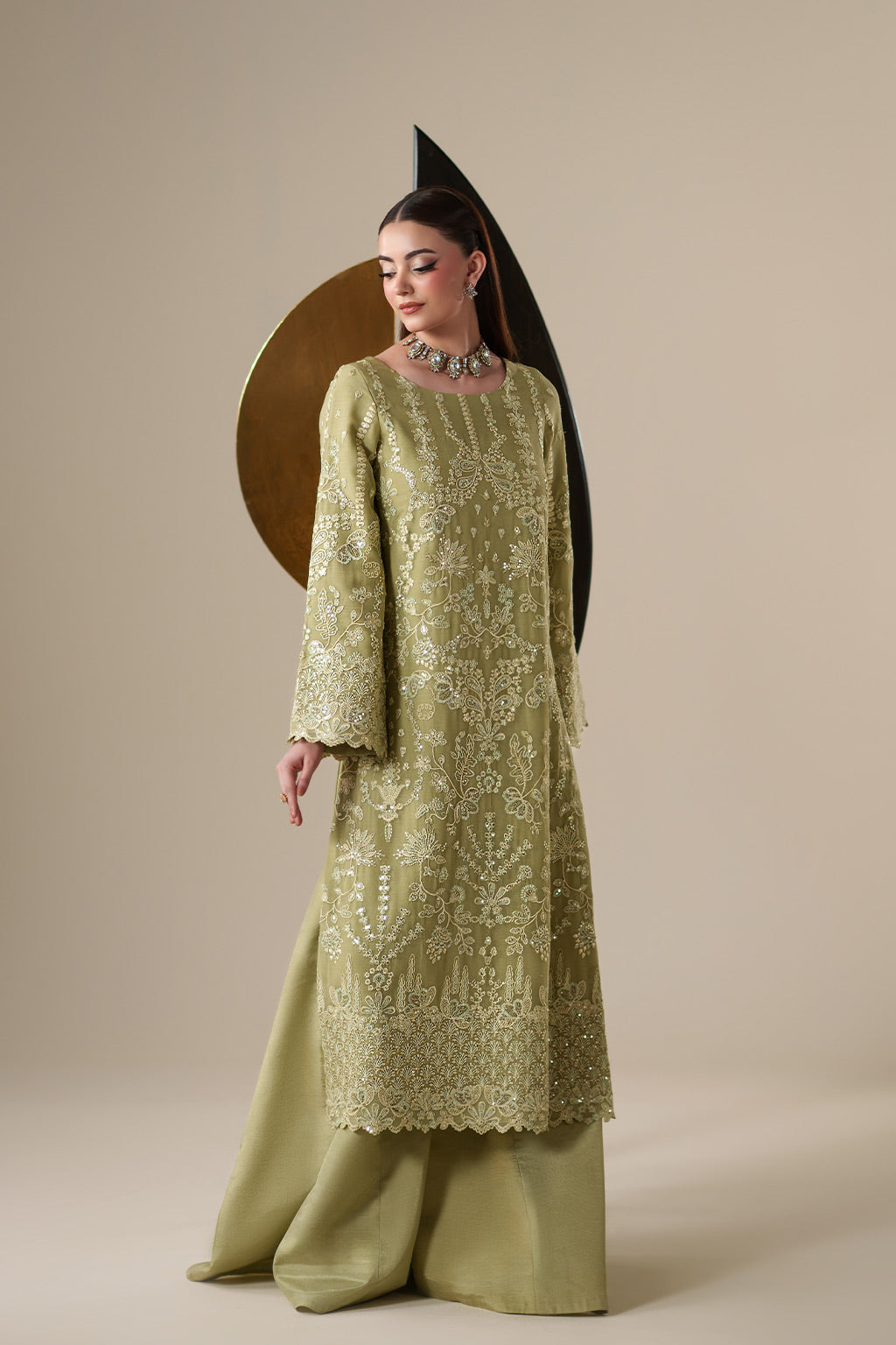 Emaan Adeel NOLA S0443 chiffon outfit in light olive green — front view