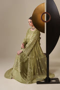 Emaan Adeel NOLA S0443 chiffon outfit in light olive green — seated view