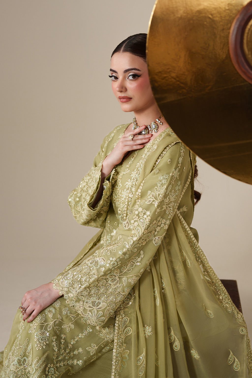 Emaan Adeel NOLA S0443 chiffon outfit in light olive green — upper-body view