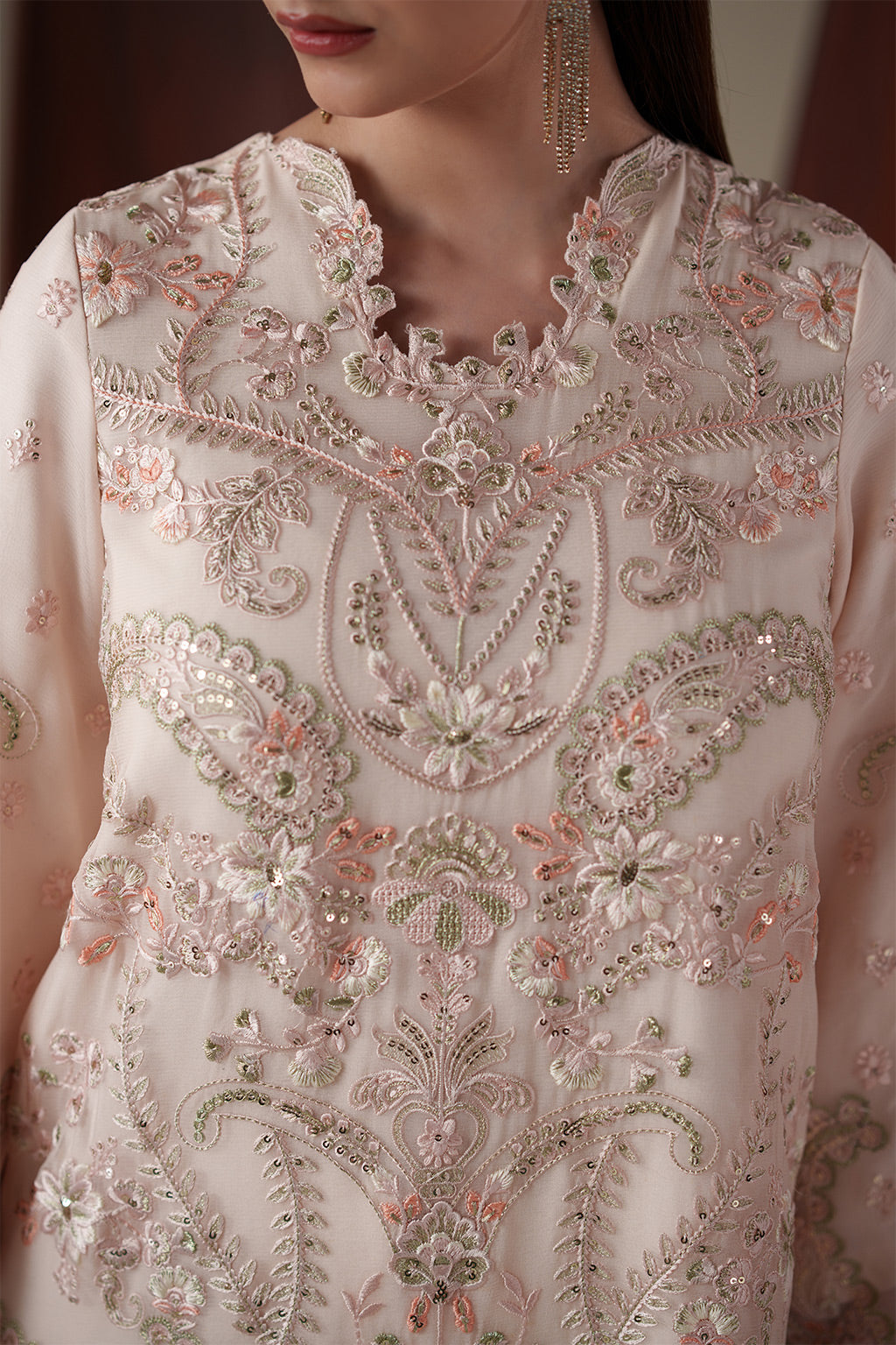 Emaan Adeel LUMI S0448 chiffon outfit in blush pink — embroidery close-up