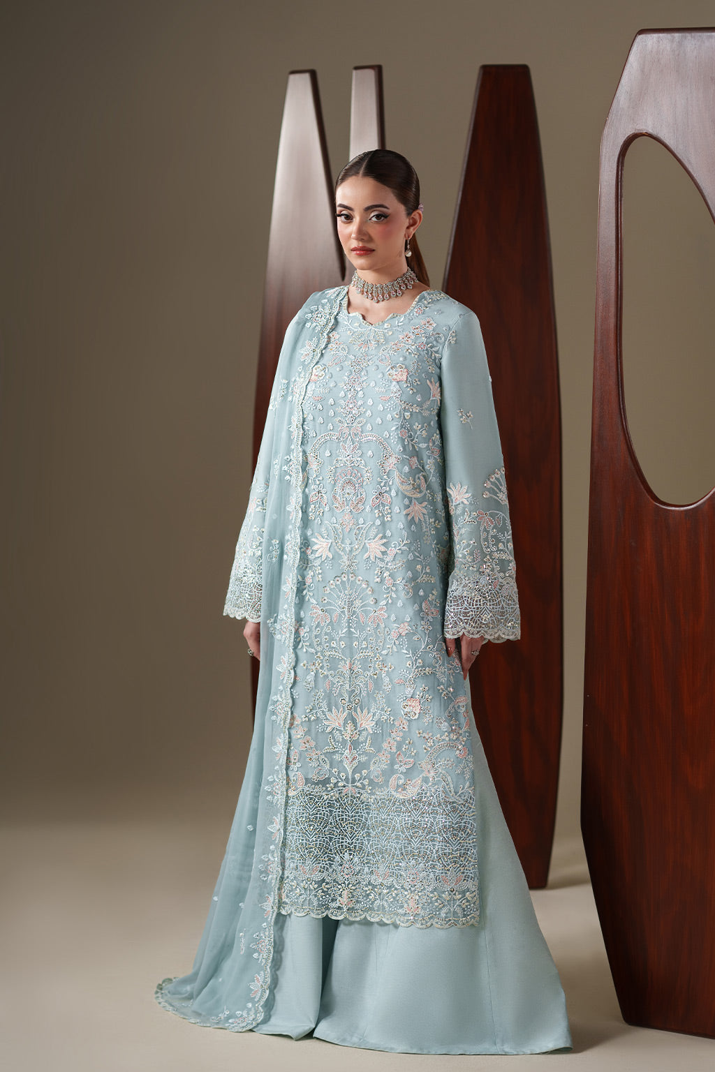 Emaan Adeel ARIA S0449 chiffon outfit in pale blue — front view