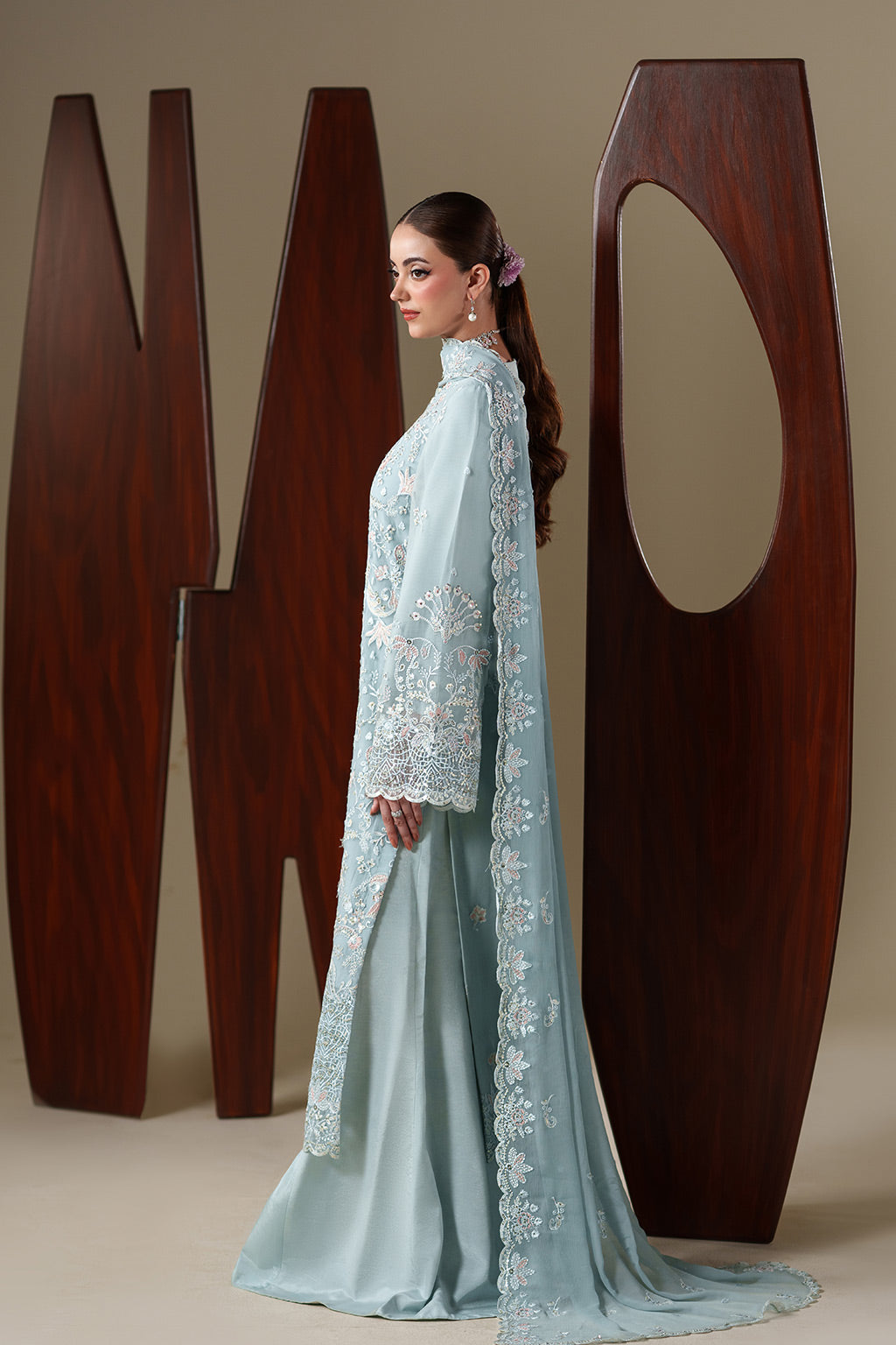 Emaan Adeel ARIA S0449 chiffon outfit in pale blue — back view