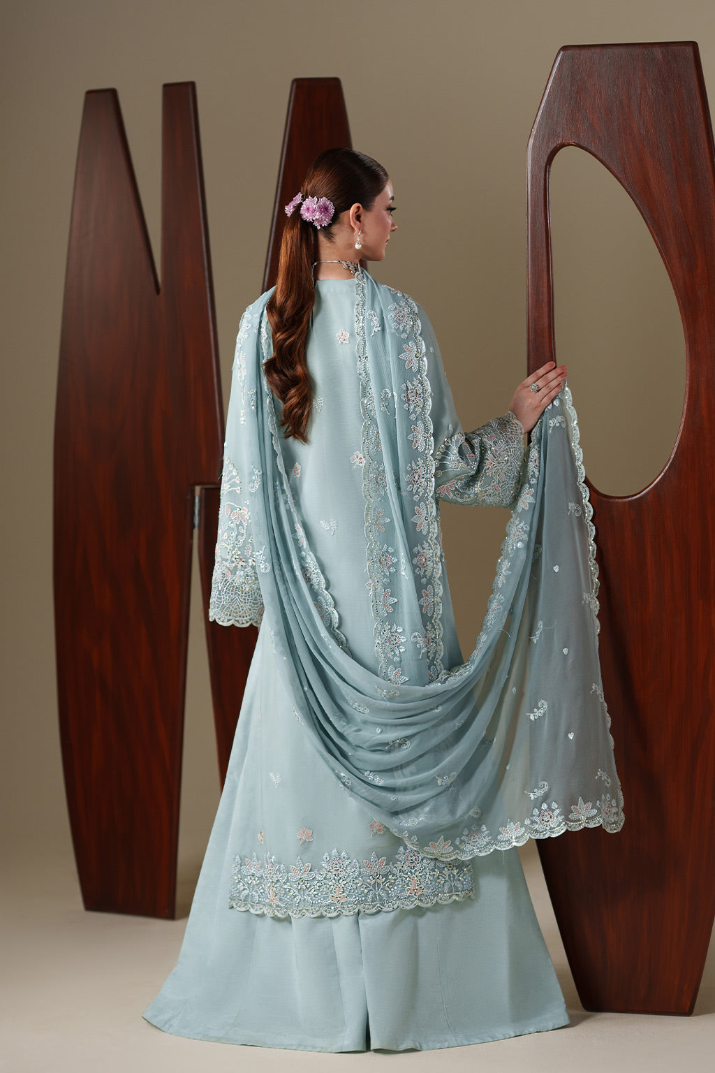 Emaan Adeel ARIA S0449 chiffon outfit in pale blue — front view