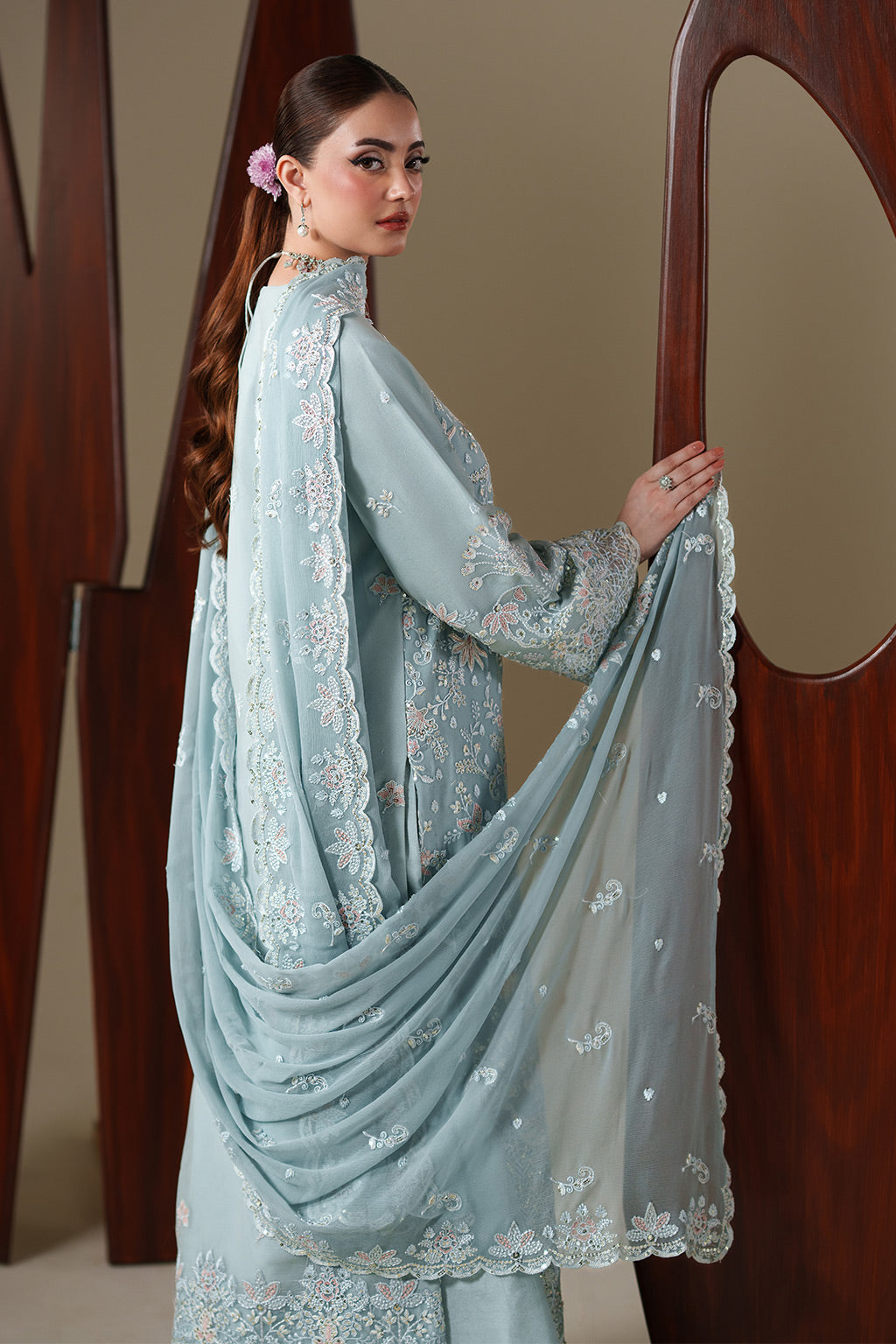 Emaan Adeel ARIA S0449 chiffon outfit in pale blue — back view