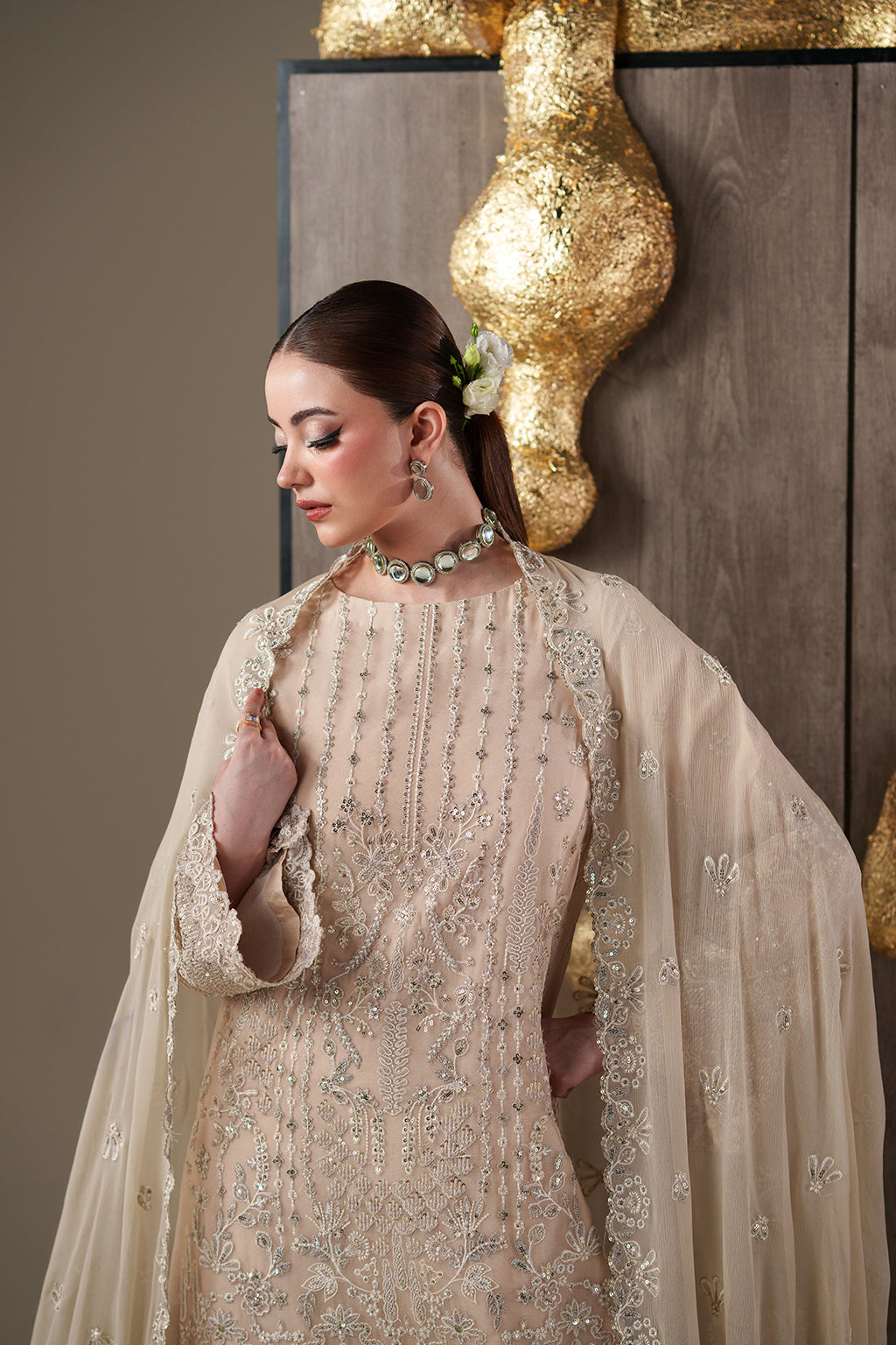 Emaan Adeel CAMALLIE chiffon outfit in ivory — front view
