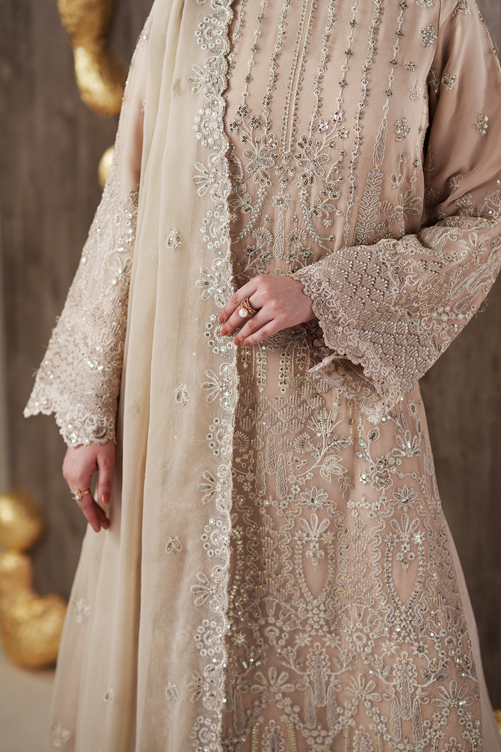 Emaan Adeel CAMALLIE chiffon outfit in ivory — embroidery close-up