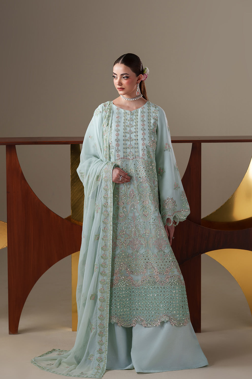 Emaan Adeel ORLA S0444 chiffon outfit in pale mint green — front view