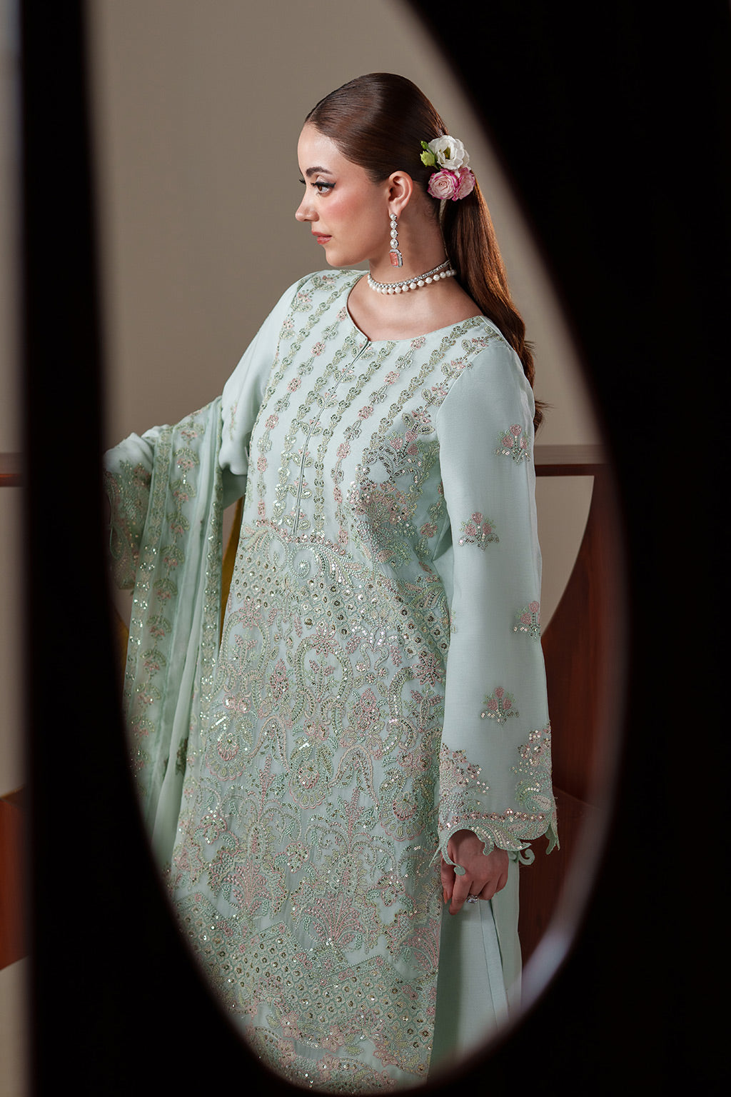Emaan Adeel ORLA S0444 chiffon outfit in pale mint green — upper-body view