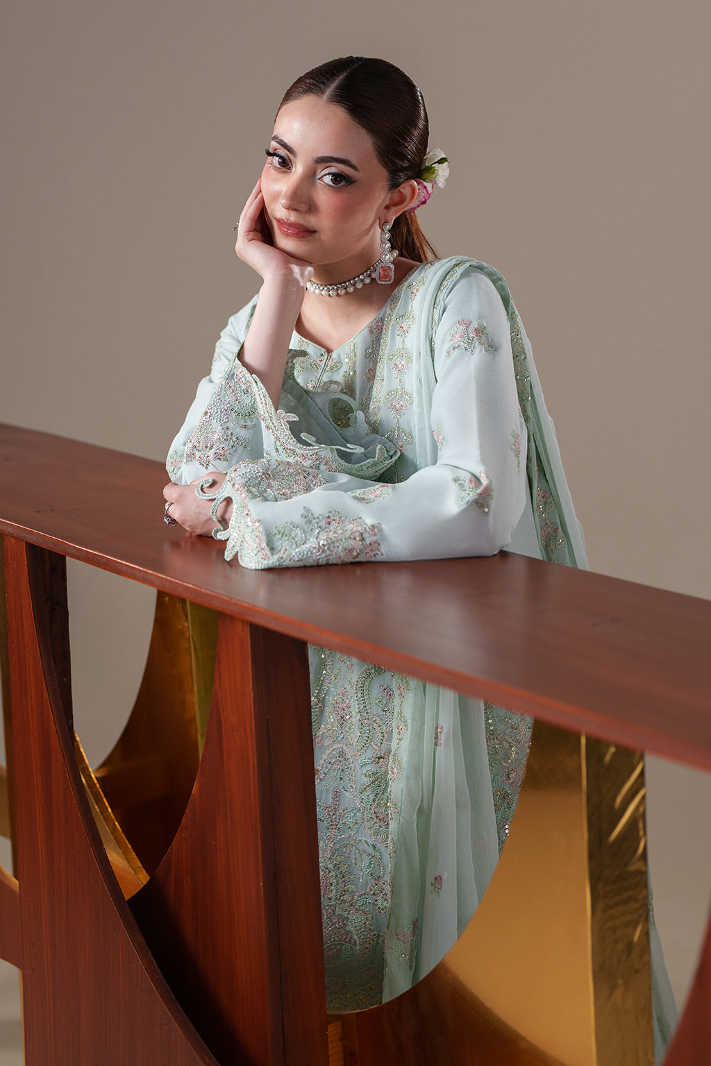 Emaan Adeel ORLA S0444 chiffon outfit in pale mint green — upper-body view