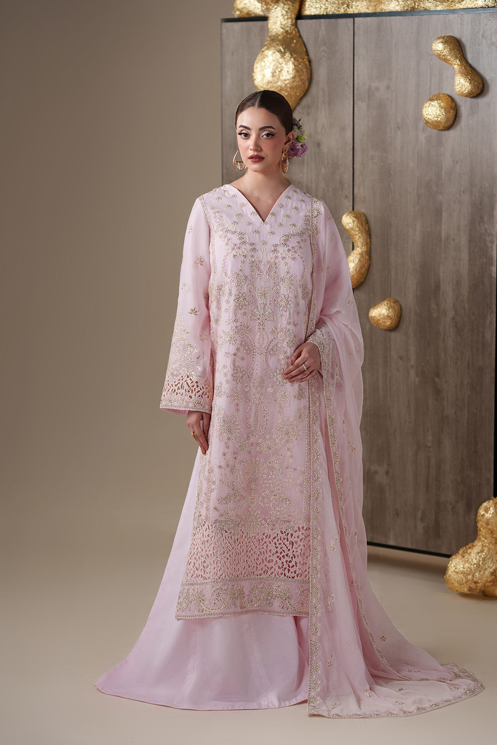 Emaan Adeel LUNE S0451 chiffon outfit in blush pink — front view
