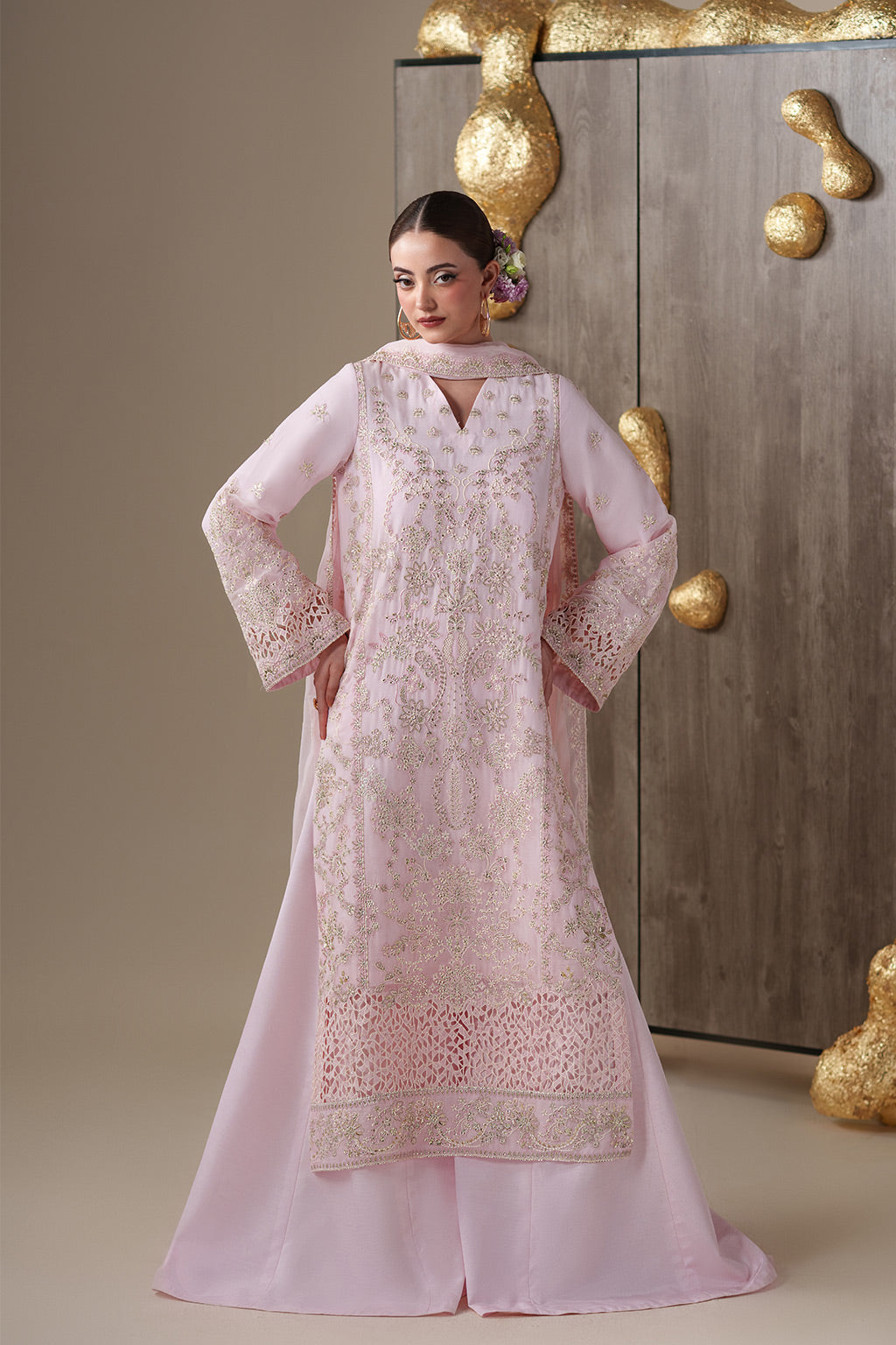 Emaan Adeel LUNE S0451 chiffon outfit in blush pink — front view