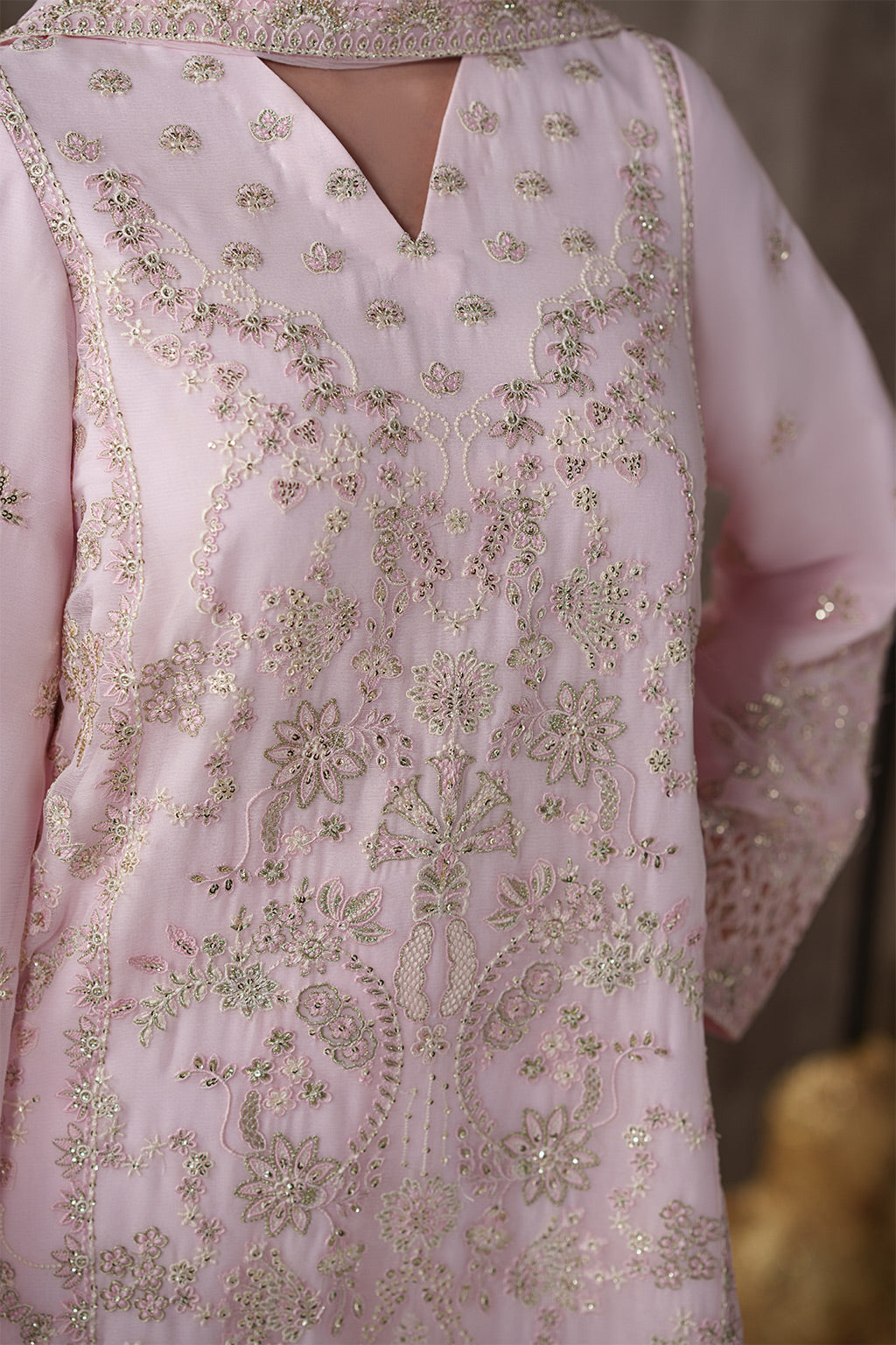 Emaan Adeel LUNE S0451 chiffon outfit in blush pink — embroidery close-up