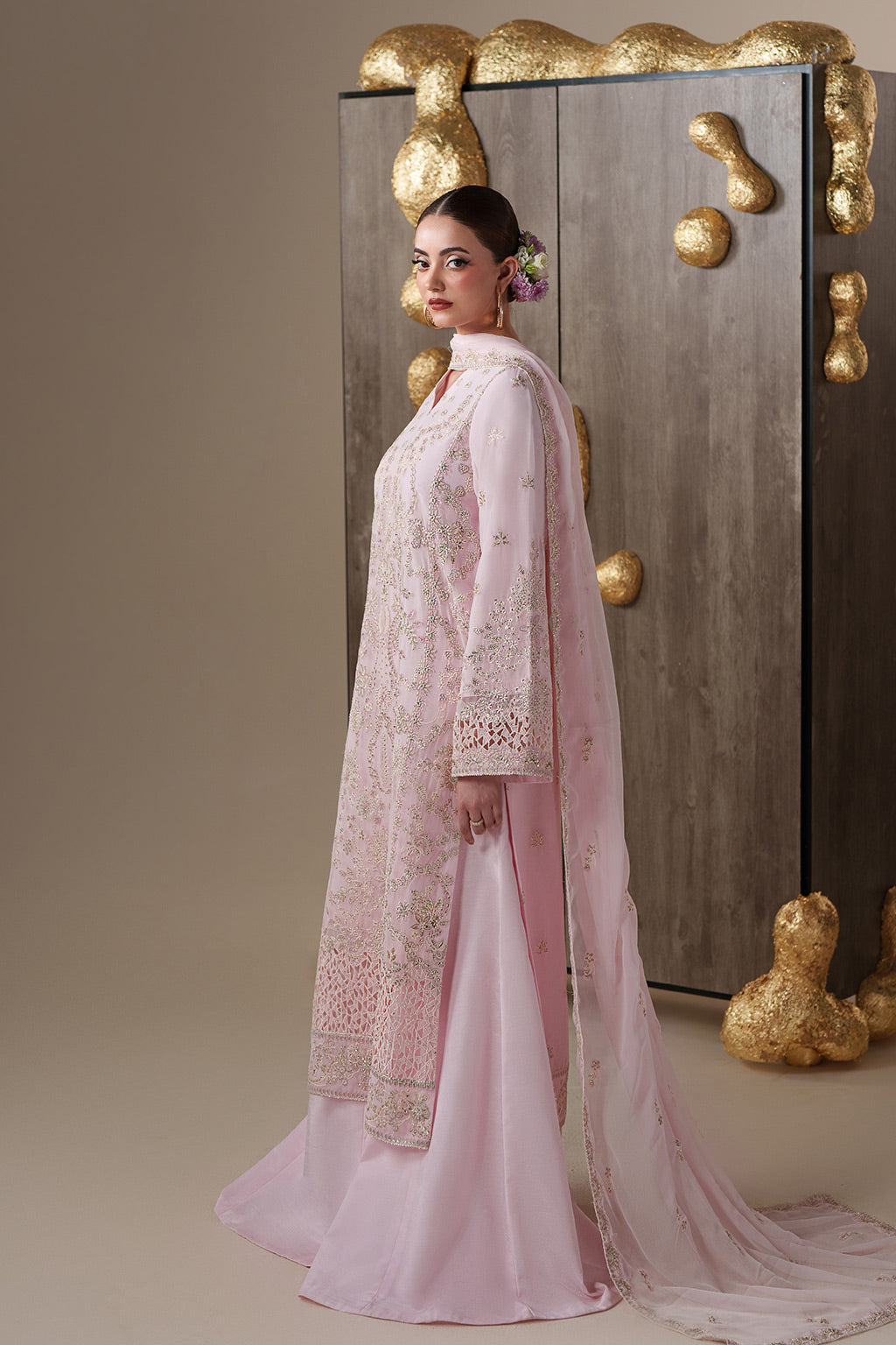 Emaan Adeel LUNE S0451 chiffon outfit in blush pink — side view