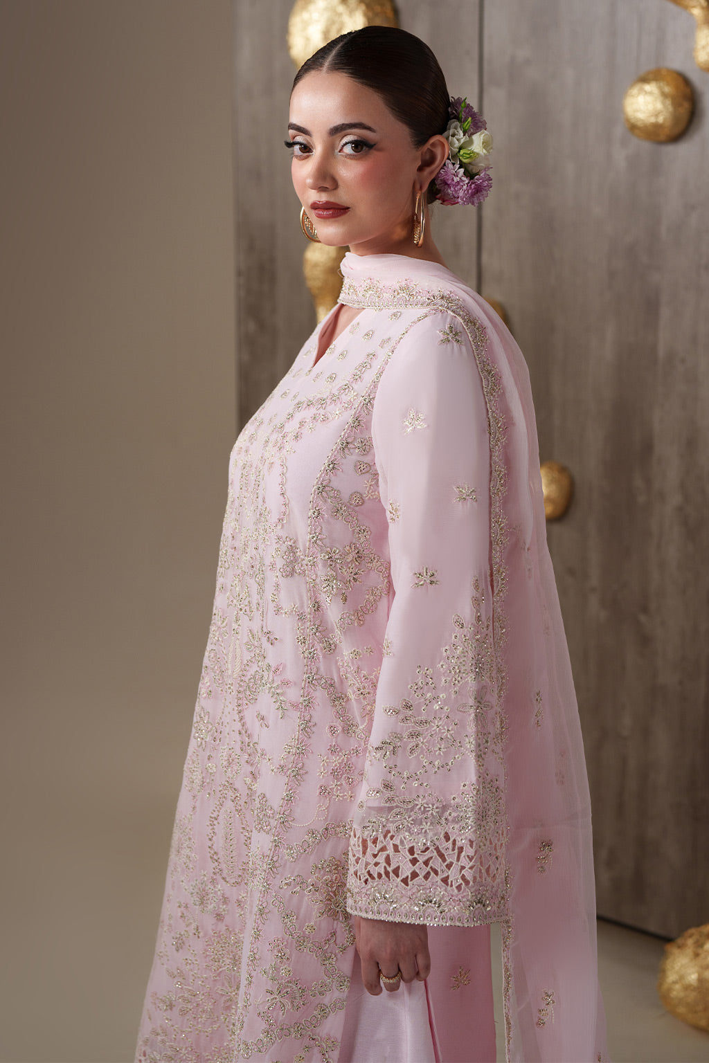 Emaan Adeel LUNE S0451 chiffon outfit in blush pink — upper-back view