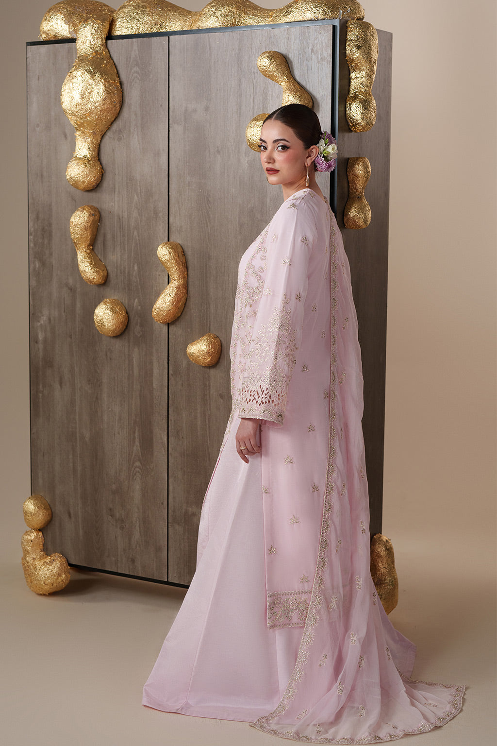 Emaan Adeel LUNE S0451 chiffon outfit in blush pink — back view