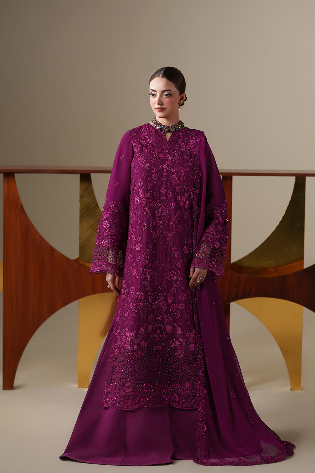 Emaan Adeel THEA S0445 chiffon outfit in plum — front view