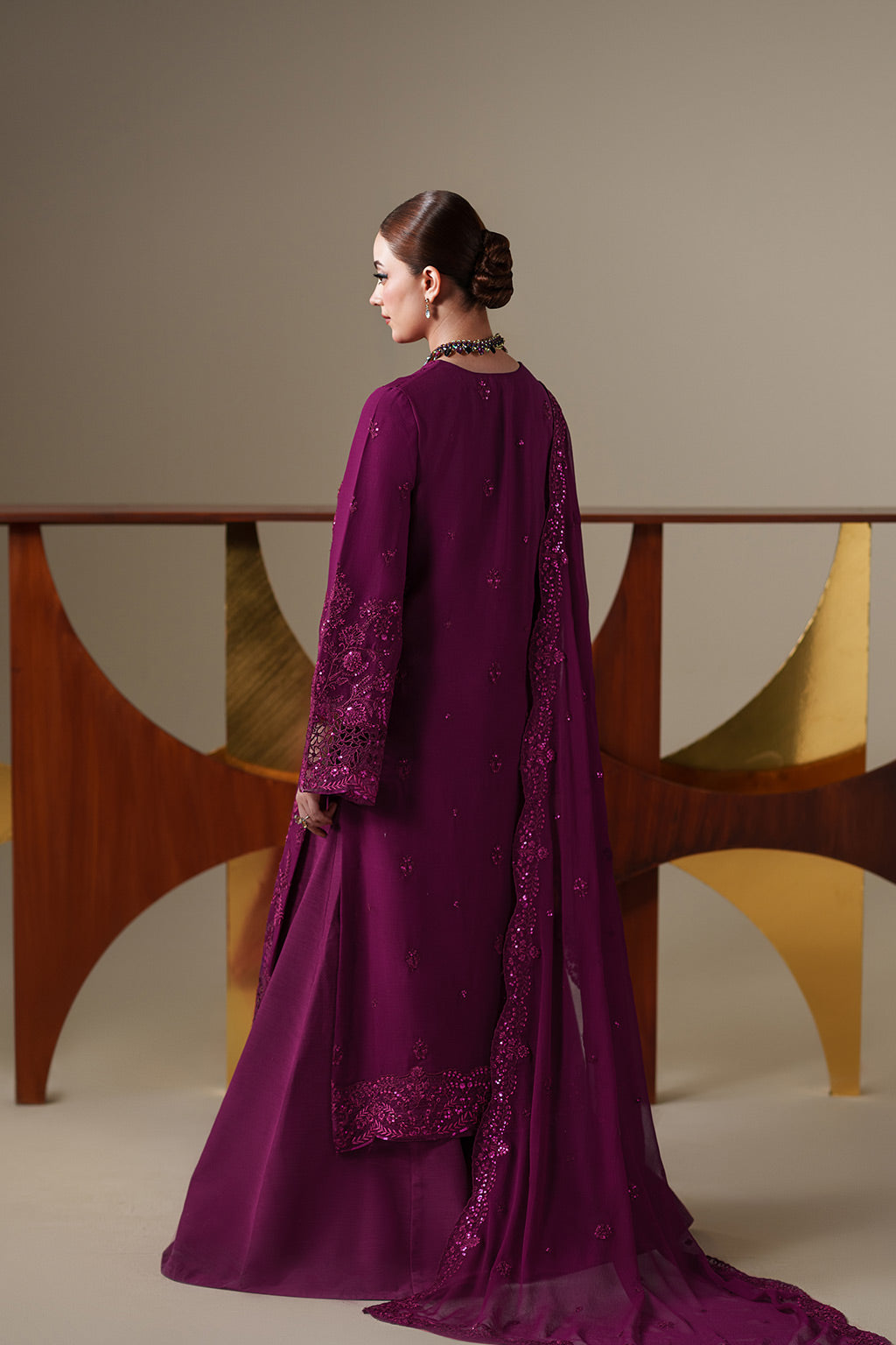 Emaan Adeel THEA S0445 chiffon outfit in plum — front view