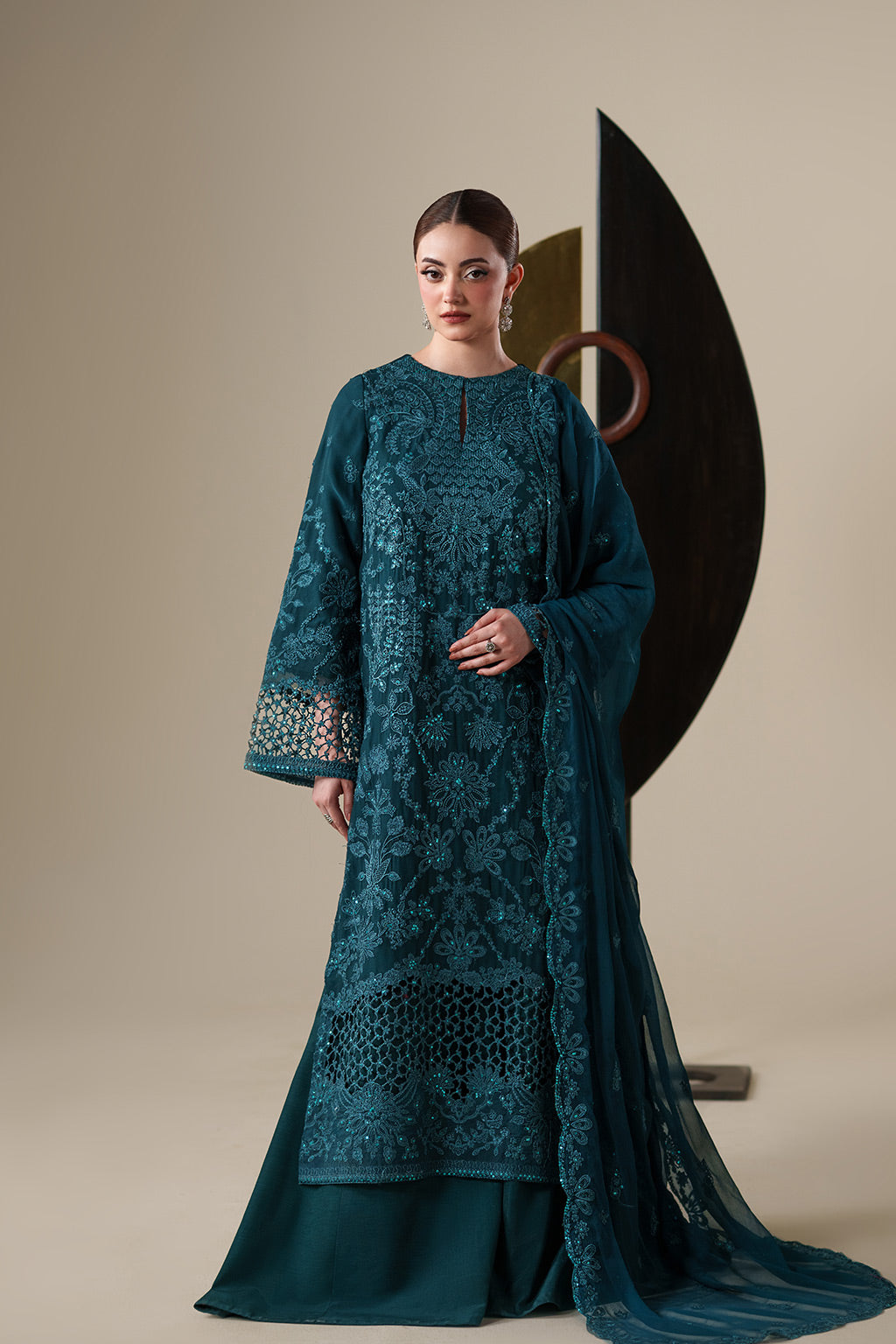 Emaan Adeel EIRA S0447 chiffon outfit in deep teal — front view