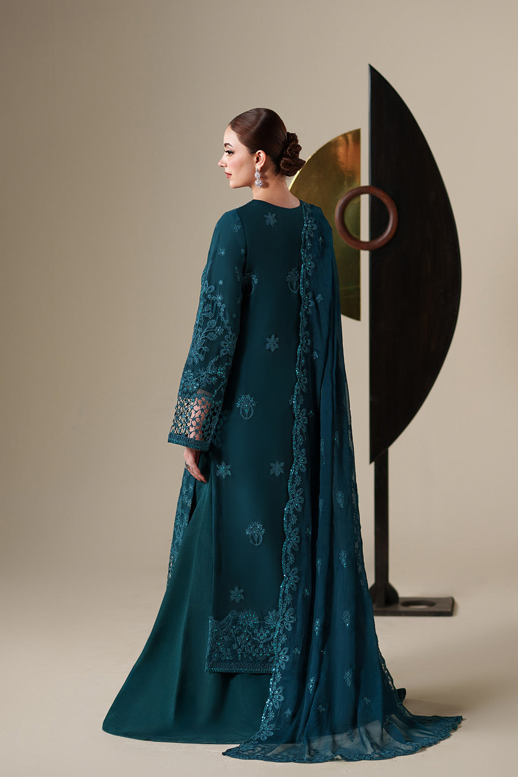 Emaan Adeel EIRA S0447 chiffon outfit in deep teal — front view