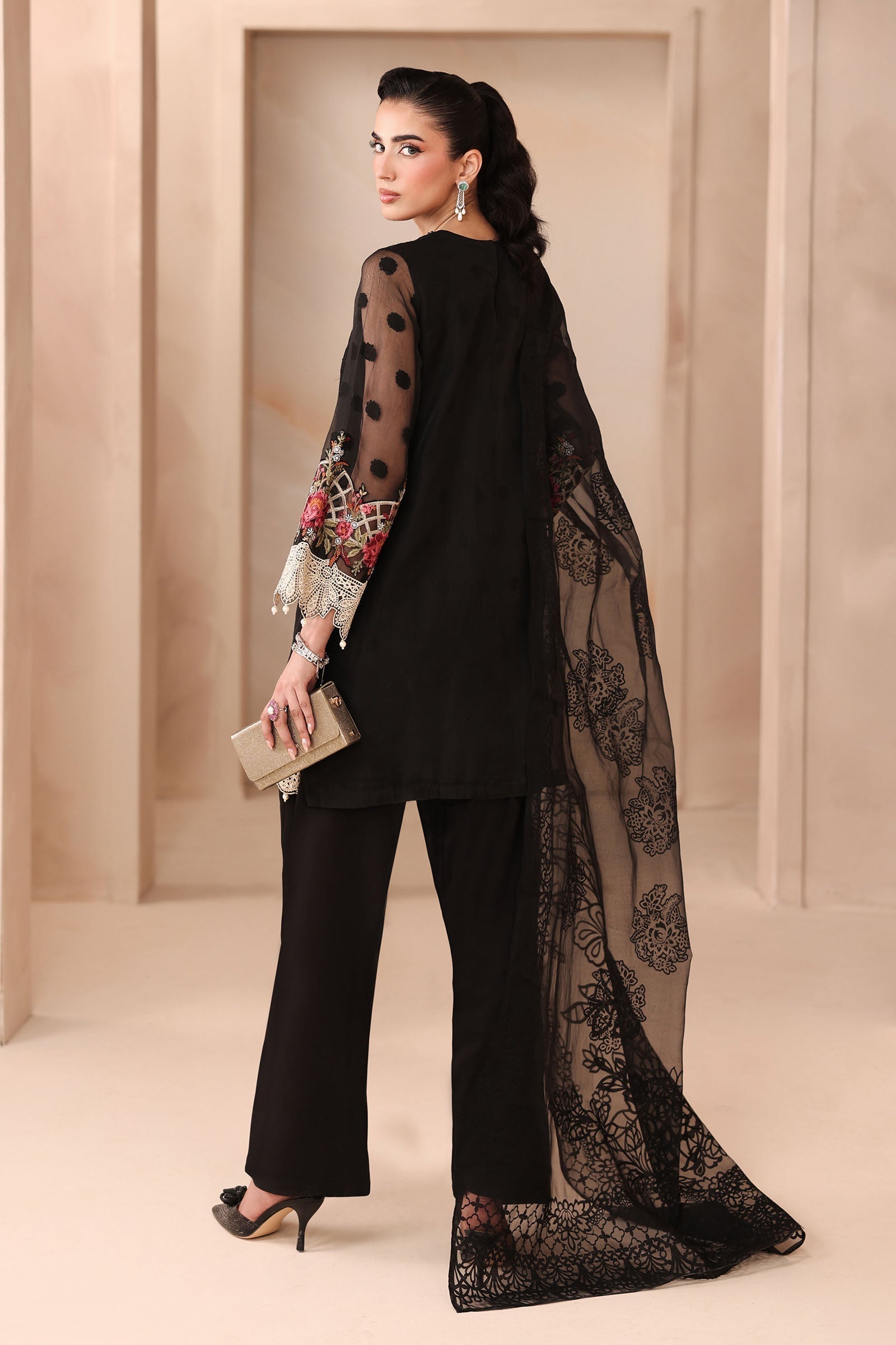 Maria B | Pre Fall Dresses | 3 Piece Embroidered Organza Jacquard Suit Black