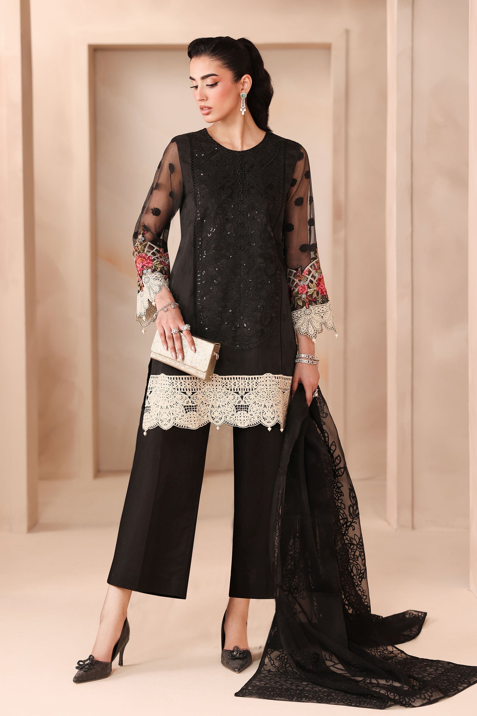 Maria B | Pre Fall Dresses | 3 Piece Embroidered Organza Jacquard Suit Black