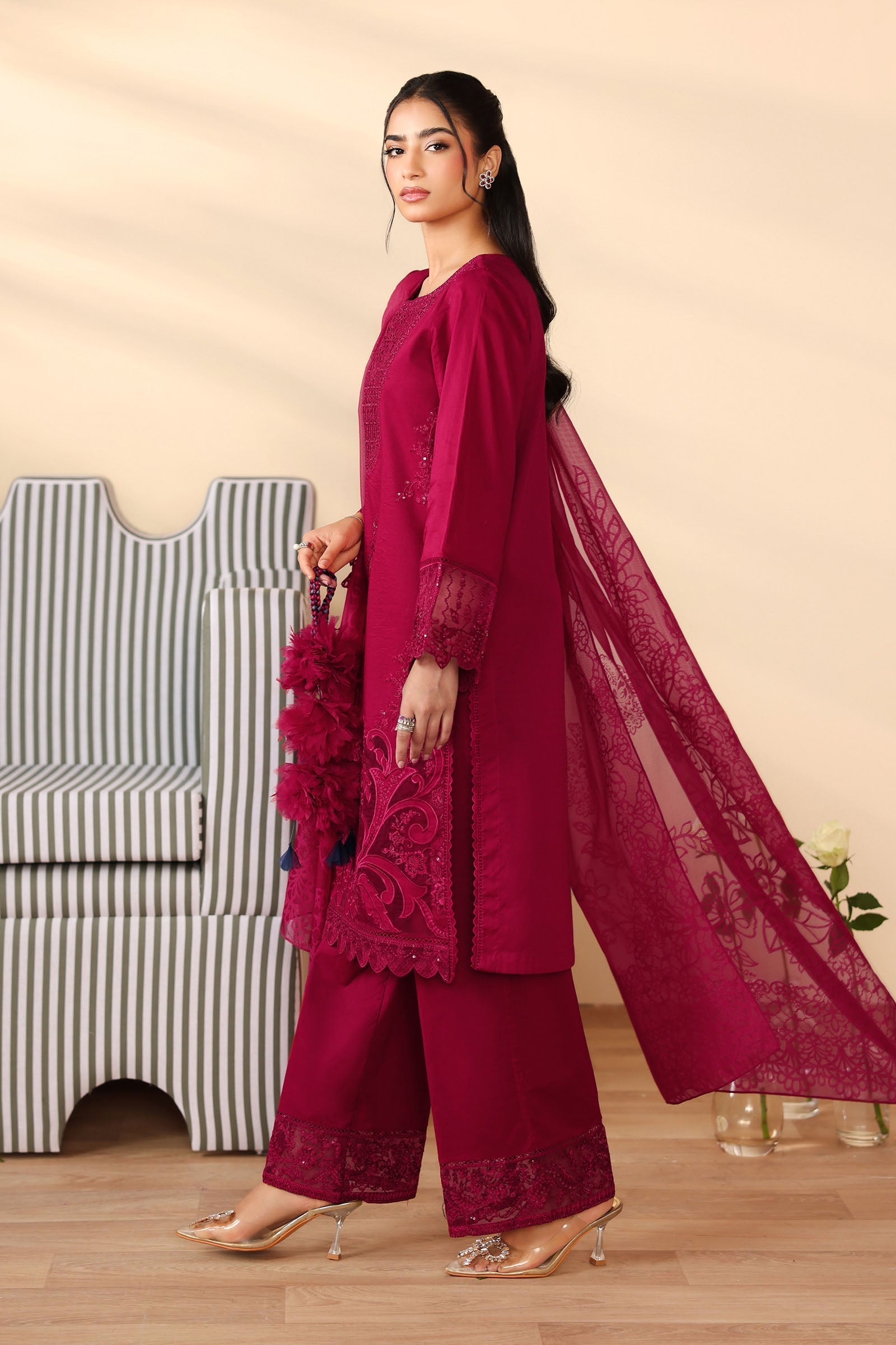 Maria B | Pre Fall Dresses | 3 Piece Embroidered Dobby Suit Maroon