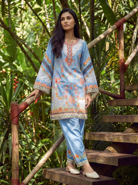 Dhanak | Casual Pret | BLUE LAWN 2PCS EMBROIDERED KURTA WITH TROUSER - House Of Hania