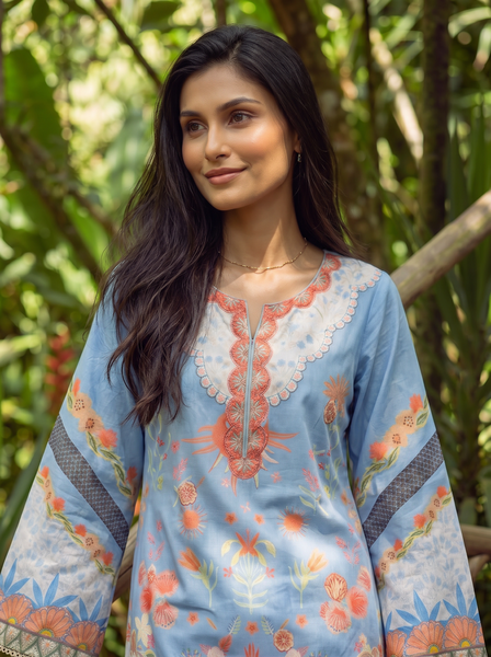 Dhanak | Casual Pret | BLUE LAWN 2PCS EMBROIDERED KURTA WITH TROUSER - House Of Hania