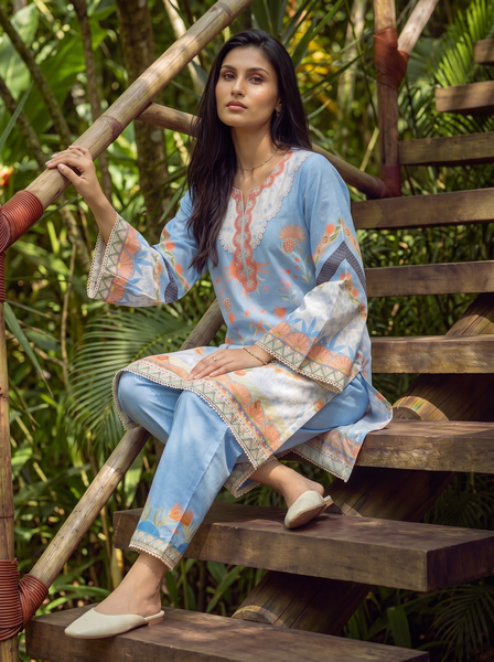 Dhanak | Casual Pret | BLUE LAWN 2PCS EMBROIDERED KURTA WITH TROUSER - House Of Hania