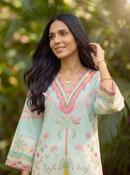 Dhanak | Casual Pret | L-GREEN LAWN 2PCS EMBROIDERED KURTA WITH TROUSER - House Of Hania