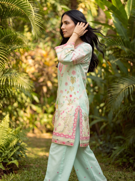 Dhanak | Casual Pret | L-GREEN LAWN 2PCS EMBROIDERED KURTA WITH TROUSER - House Of Hania