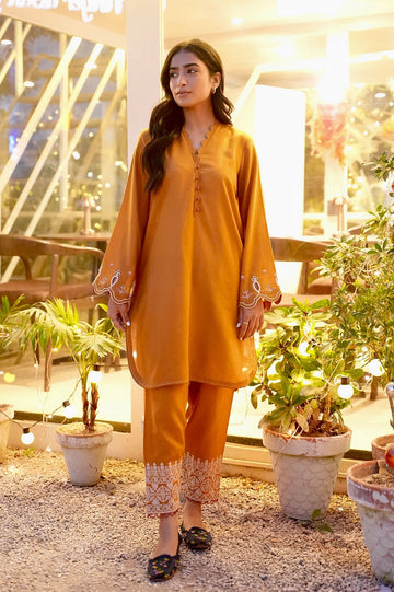 Dhanak | Casual Pret | MUSTARD 2PCS EMBROIDERED KURTA WITH TROUSER - House Of Hania