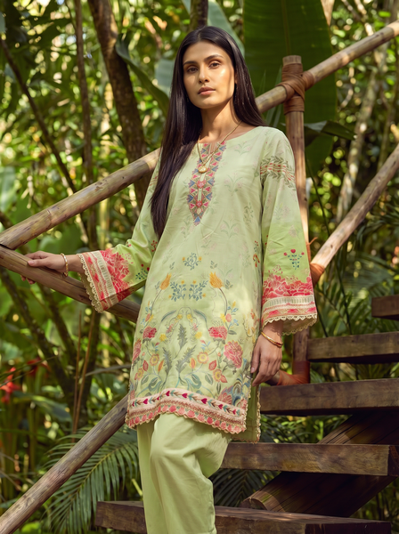 Dhanak | Casual Pret | NEON GREEN LAWN 2PCS EMBROIDERED KURTA WITH TROUSER - House Of Hania